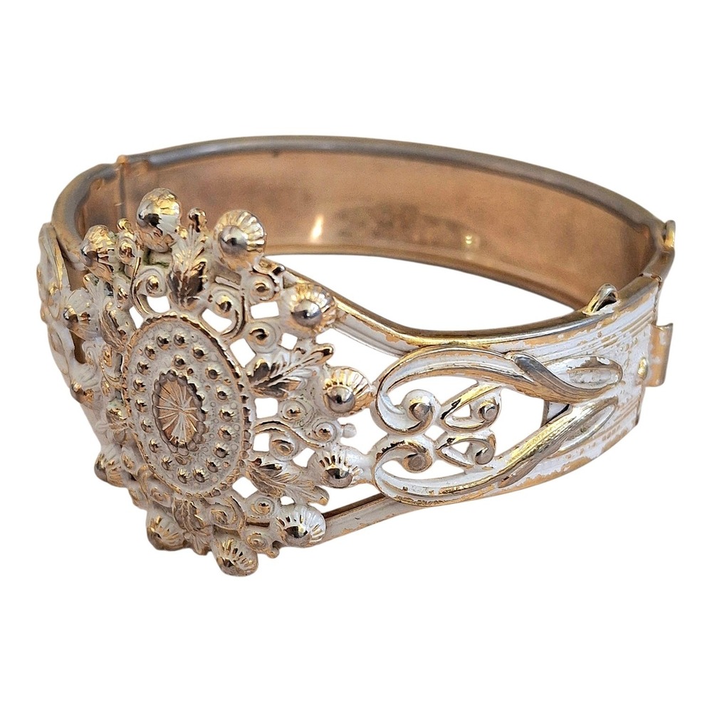 1970s‎ Vintage Gold-tone White Painted Victorian Revival Hinged Clamper Bracelet